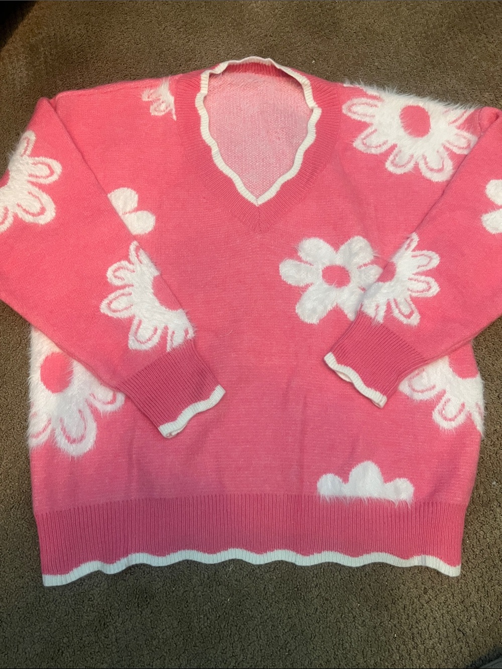 Pink Floral V-Neck Sweater with Scalloped Trim
